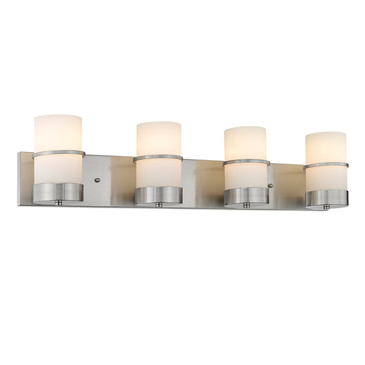 PENELOPE Contemporary 4 Light Brushed Nickel Bath Vanity Light Etched White Glass 32" Wide