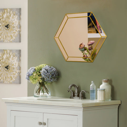 Reflection Golden Finish Hexagon Framed Wall Mirror 30" Width