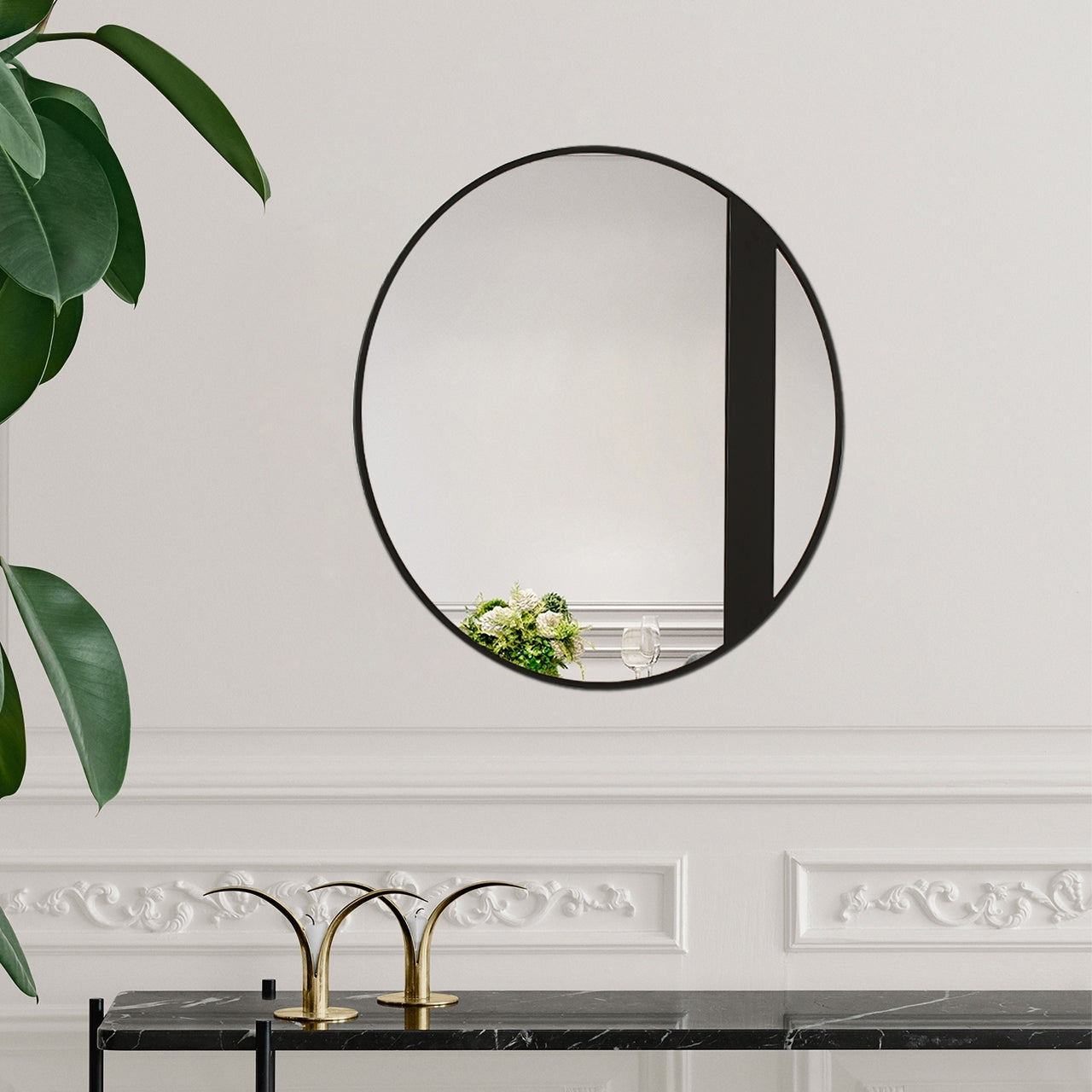 Reflection Black Finish Round Framed Wall Mirror 30" Height