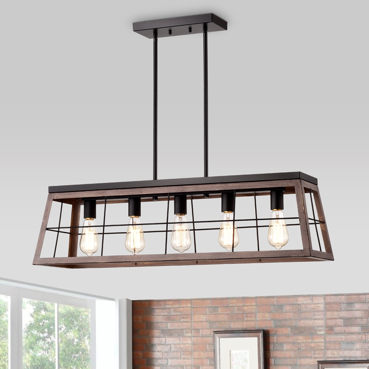IRONCLAD Industrial 5 Light Ancient Wood Island Pendant Ceiling Fixture 35" Wide